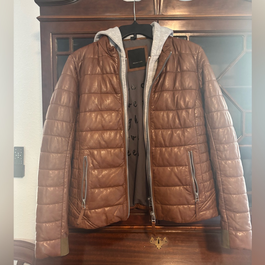 Mauritius Brown Leather Puffer Jacket With Detachable Insert W/Hood Sz M
